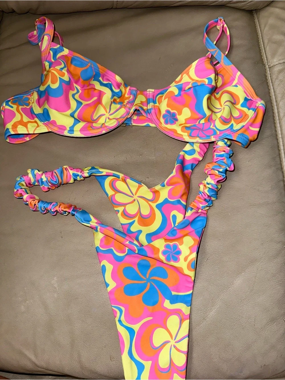 Kulani Kinis “Lovey Dovey” Floral Bikini in Pink, Blue & Yellow medium nwot